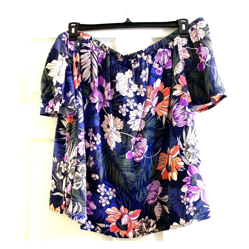 Off the shoulder blouse. Purple and blue top.